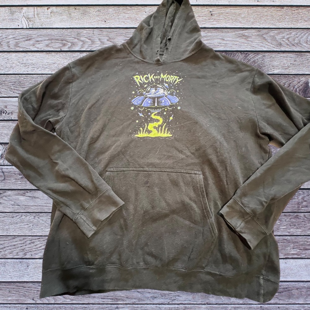 Ripple Junction 2XL Rick and Morty Hoodie Mens Black Fair Distressed UFO Graphic